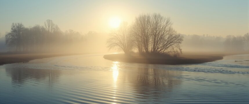 Sunlit river mirroring misty trees and fog in the early morning