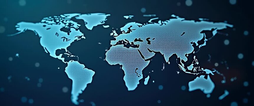 Cinematic world map animation with a slow pan across glowing continents, digital data points subtly flicker, creating a dynamic global network theme, perfect for technology and business visuals.