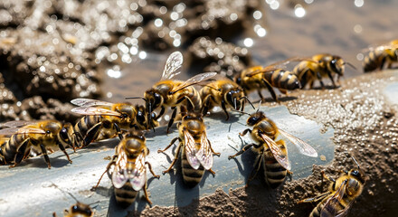 Fototapeta premium “A close-up macro photograph of a group of honeybees clustered together on a wet, muddy irrigation pipe in a rural outdoor setting. The bees have shiny black heads, brown and amber striped bodies, and