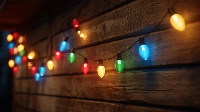 Colorful string light glowing bulb wood wall festive decoration for holiday celebration, cozy ambiance, cheerful mood, rustic style, night illuminated, joyful scene, warm indoor outdoor atmosphere