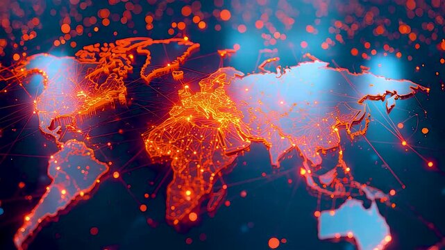 Glowing orange world map continents connected red dots global network points sparkling lights dark blue background international connectivity visualization