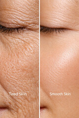 Naklejka premium Skin aging vs after collagen boost comparison, mature woman face closeup, eye wrinkle texture change, skincare result, cosmetic treatment effect for smooth healthy glow