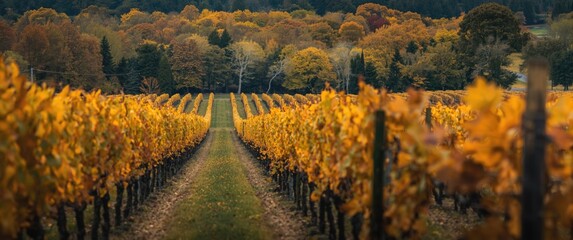 Obraz premium Autumn Vineyard Landscape Featuring Rows Of Grape Vines And Vibrant Colors