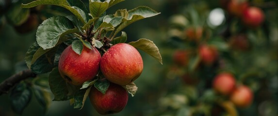 Obraz premium Red apples abundant on a branch in natural harvest. Farming for winter stock. Autumn background with gardening theme. Lifestyle shot.