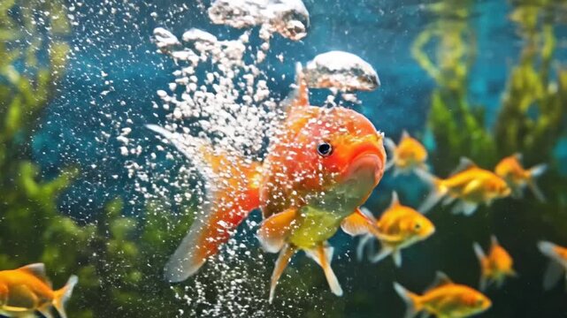 Detailed macro view of a bright orange goldfish swimming in a crystal clear aquarium tank with a school of soft-focused fish in the aquatic background.