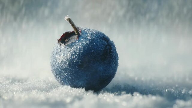 Frozen blueberry covered with frost on snow, macro closeup with natural light, winter cold atmosphere, fresh seasonal blue fruit, detailed texture, frozen snow berry, frosty chill