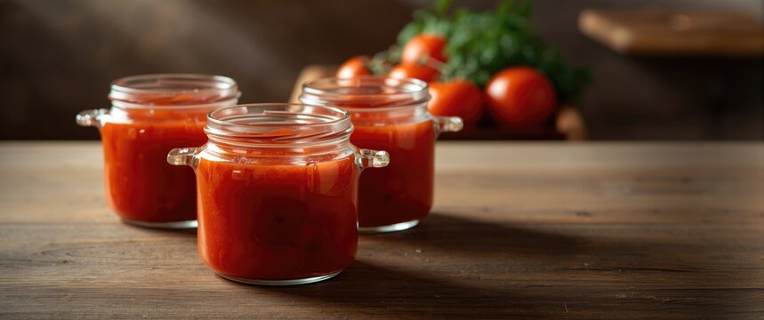 Tomato pulp stored in glass jars