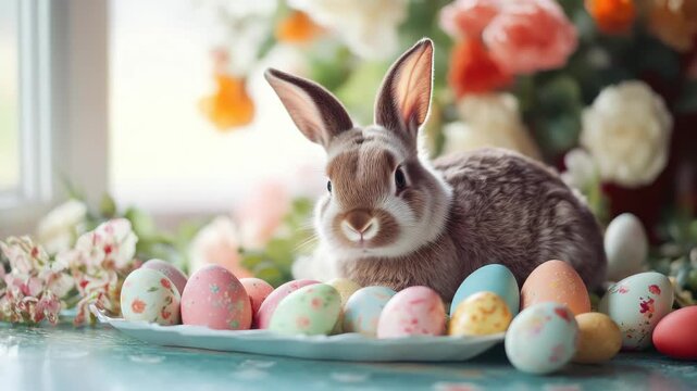 Cute pet on colorful tableau for Easter celebration.