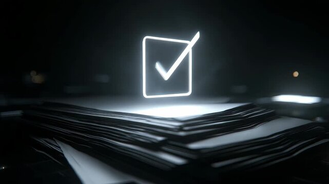 Glowing checkmark icon above stack of paper documents in modern office, symbolizing document approval, validation, completion, achievement, efficiency, verification, and business success