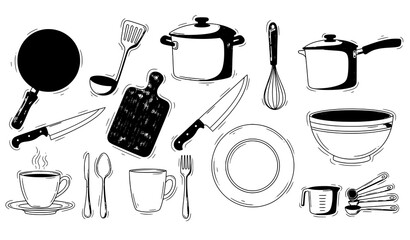 Hand drawn kitchen tools and tableware doodle vector set