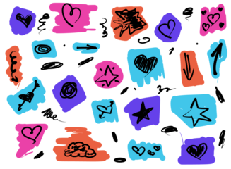 Colorful abstract design with hearts and stars in doodle style. Dynamic graphic element for background and decorative digital art.