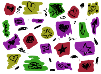 Colorful abstract doodle shapes with hearts and stars. Playful hand drawn design element for greeting card and creative kids art.