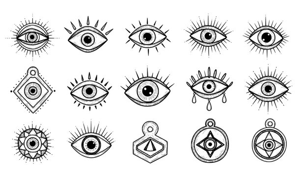 Mystical evil eye magic symbols doodle vector set