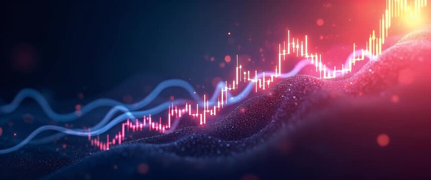 Dynamic financial market graph pulses with data, as a cinematic camera gently pans, highlighting rising trends and ambient digital lights flicker, offering a futuristic economic analysis.
