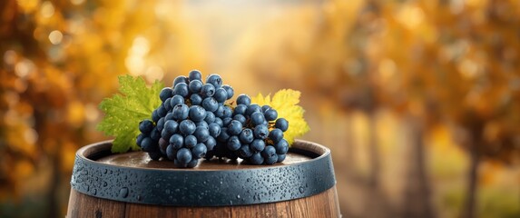 Obraz premium Grapes of blue color on a wine barrel among vineyard scenery with autumn bokeh effect