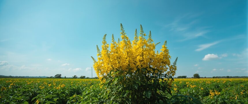 Yellow Flower Trees in the Field Featuring Sunn Hemp (Po Thung or Crotalaria Juncea) Behind The Sky