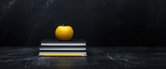 Black chalkboard with a notebook, pencil, and yellow apple placed in front