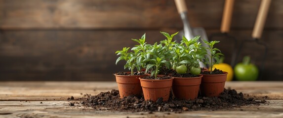 Eco friendly pots containing seedlings of tomato on wooden surface, garden trowel and rakes in background, natural, spring, garden, green, earth, agriculture, food, isolated