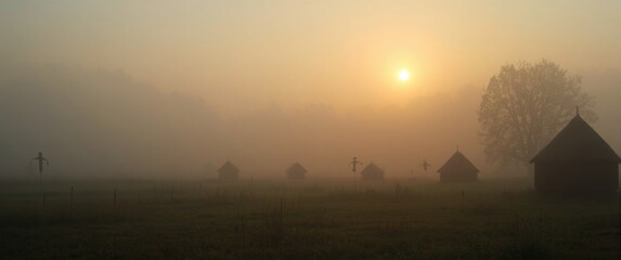 Fototapeta premium Huts and scarecrows shrouded in morning mist