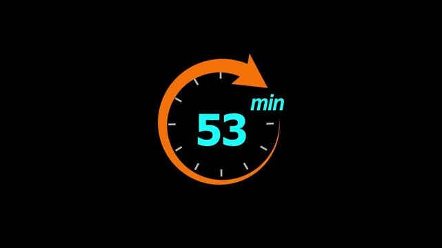 53 Min arrow clock icon animation. 53 minute animation on black background and creating a stunning 4k video.