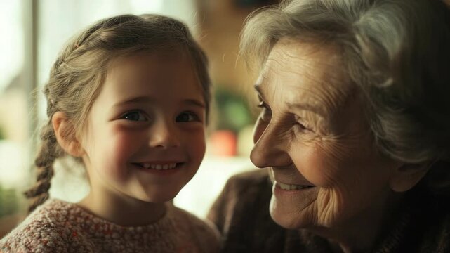 Smiling young girl and elderly woman sharing a moment together