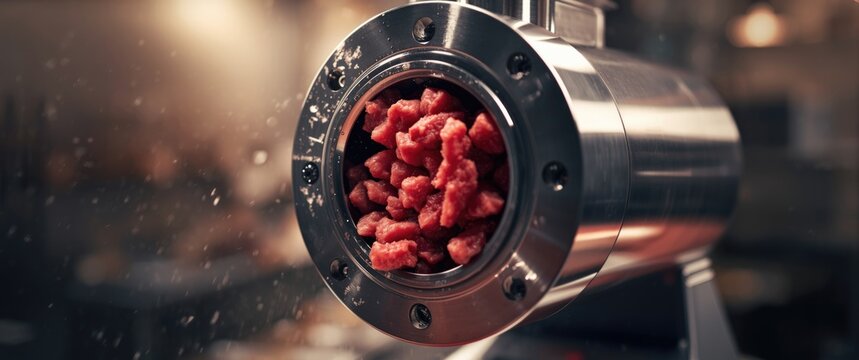 Close-up of raw minced beef being processed in a meat grinder in an industrial setting