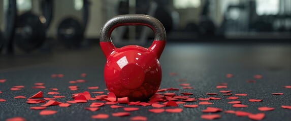 Naklejka premium Festive workout featuring a red kettlebell and heart confetti on black gym flooring