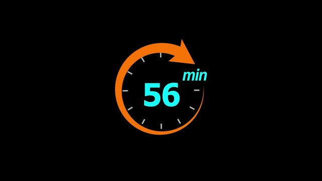 56 Min arrow clock icon animation. 56 minute animation on black background and creating a stunning 4k video.