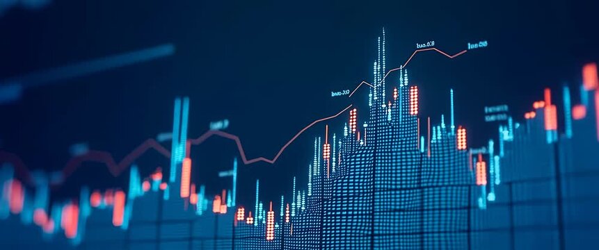 Dynamic stock market graph pulses with data as the camera slowly pans, capturing flickering lights and animated chart lines in a cinematic, financial analysis setting.