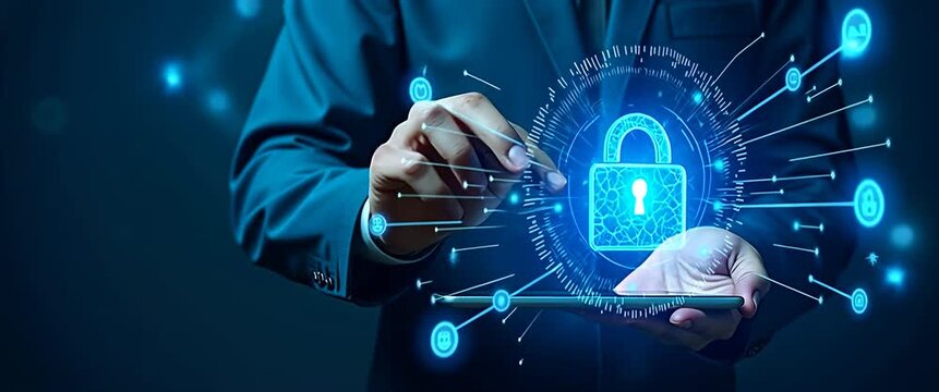 Businessman interacts with glowing digital lock hologram, emphasizing cybersecurity and innovation; camera smoothly pans, ambient blue lights flicker, creating a futuristic cinematic atmosphere.