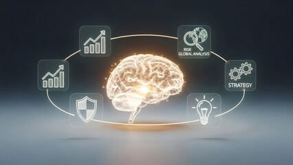 Business Intelligence Concept with Glowing Brain and Data Analysis Icons for Strategic Decision Making and Market Research