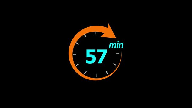 57 Min arrow clock icon animation. 57 minute animation on black background and creating a stunning 4k video.