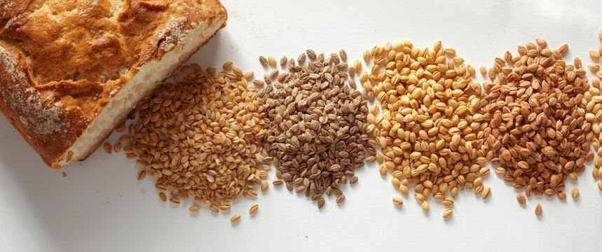 Wholegrain bread and cereal slices featuring poppy, flax, sunflower, sesame isolated on white background