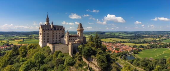 Naklejka premium Aerial shot of the picturesque medieval castle encircled by scenic foliage and rooftops