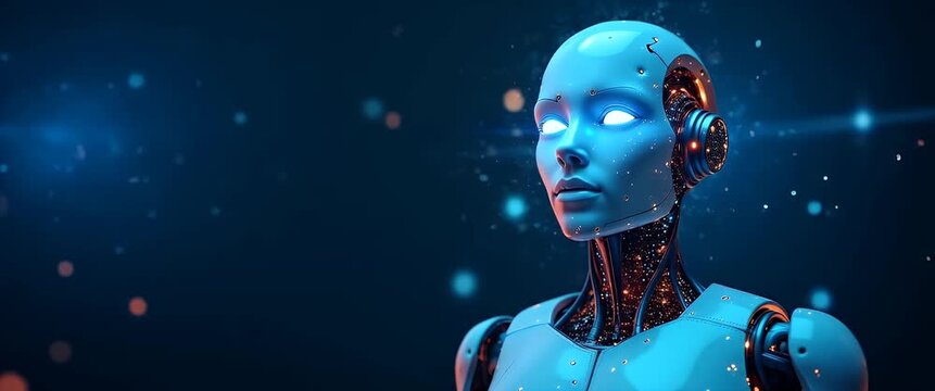 Futuristic AI robot head with glowing circuits turns slowly, while camera executes a smooth pan against a dark digital background; cinematic sci-fi style, ideal for technology and innovation themes.