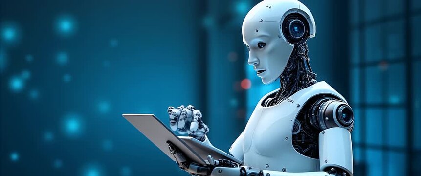 A humanoid robot interacts with a digital tablet, while the camera gently pans and ambient lights flicker, creating a futuristic, cinematic atmosphere in a high-tech environment.