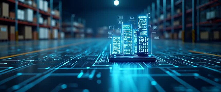 Futuristic holographic cityscape rises from a digital floor in a high-tech warehouse, with gentle lights flickering and camera slowly panning, in a cinematic, technology-themed setting.