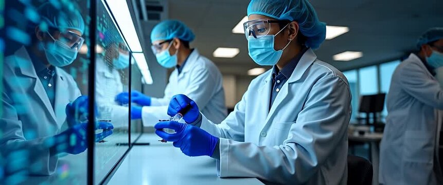 Scientists conduct precise laboratory research, analyzing data on digital screens; camera smoothly pans across the high-tech lab, highlighting scientific innovation in a cinematic style.