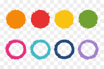 Colorful hand-painted brush circles and rings set isolated on transparent background