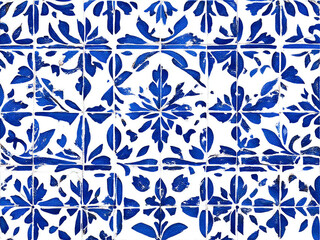 Fototapeta premium Blaue Fliesen-Grafik: Symmetrische florale und ornamentale Muster in strahlendem Blau auf weißem Grund, inspiriert von klassischen Keramikfliesen (Azulejos).KI Generiert