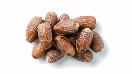 Close-up of fresh dried dates isolated on white background, showcasing natural texture and sweetness, perfect for Ramadan, healthy food, and Middle Eastern cuisine concepts.