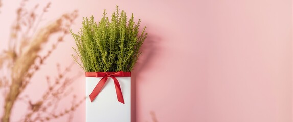 Fototapeta premium Pink background featuring green spikes, a red ribbon, and an empty notebook