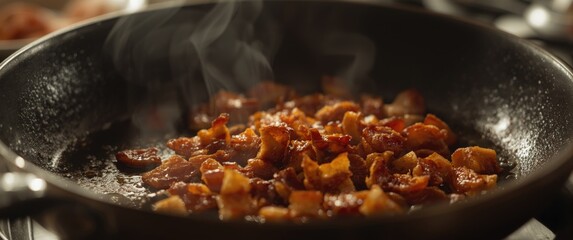 Fototapeta premium Fried bacon bits in a pan