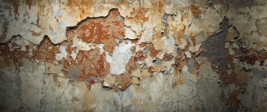 Old wall with abstract peeling paint texture, displaying broken and weathered layers