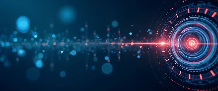 Futuristic digital interface with rotating holographic elements, glowing lights pulse rhythmically, camera smoothly pans across the intricate network, cinematic and visually captivating.