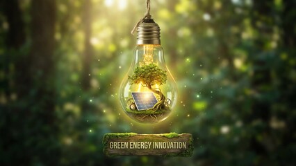 Green energy innovation concept with light bulb containing solar panel and tree 4