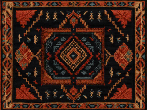 Traditionelle Teppichmuster: Detaillierte geometrische Designs mit zentralen Rautenmotiven in klassischen Erdt&ouml;nen, die an kunstvolle Orientteppiche erinnern.KI Generiert