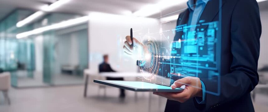 Business professional interacts with digital data on a tablet, with dynamic holographic charts and icons in motion; camera smoothly zooms in, capturing the futuristic, cinematic technology scene.