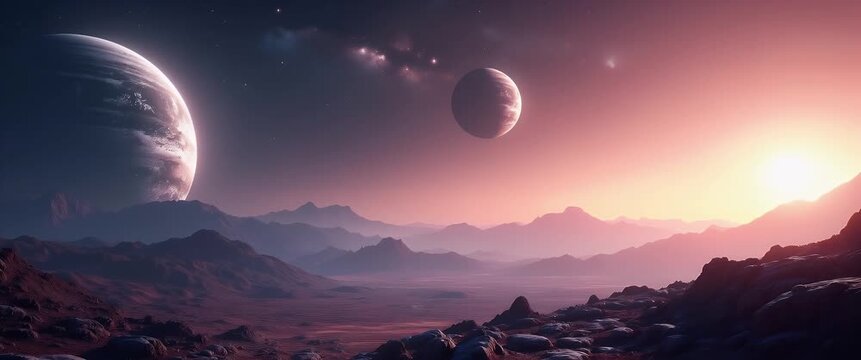 Majestic alien landscape with twin planets slowly orbiting; cinematic camera pans across rugged terrain under a starry dusk sky, while subtle atmospheric glow enhances the ethereal scene.