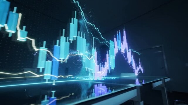 Abstract stock charts and neon candlesticks float above the desk. Smooth data animation with particles and glow creates an atmosphere of future technologies.